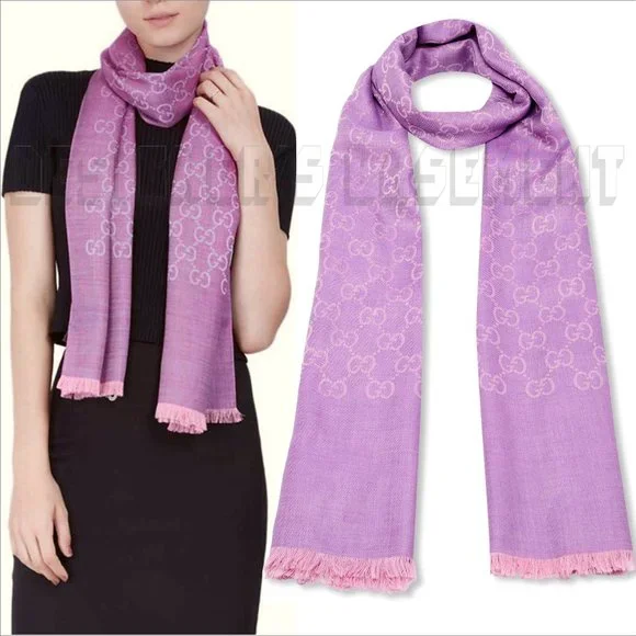 GUCCI Amethyst lilac & pink GGNAT wool & silk 18"x70" shawl Pashmina scarf NWT🎁 - Picture 9 of 10